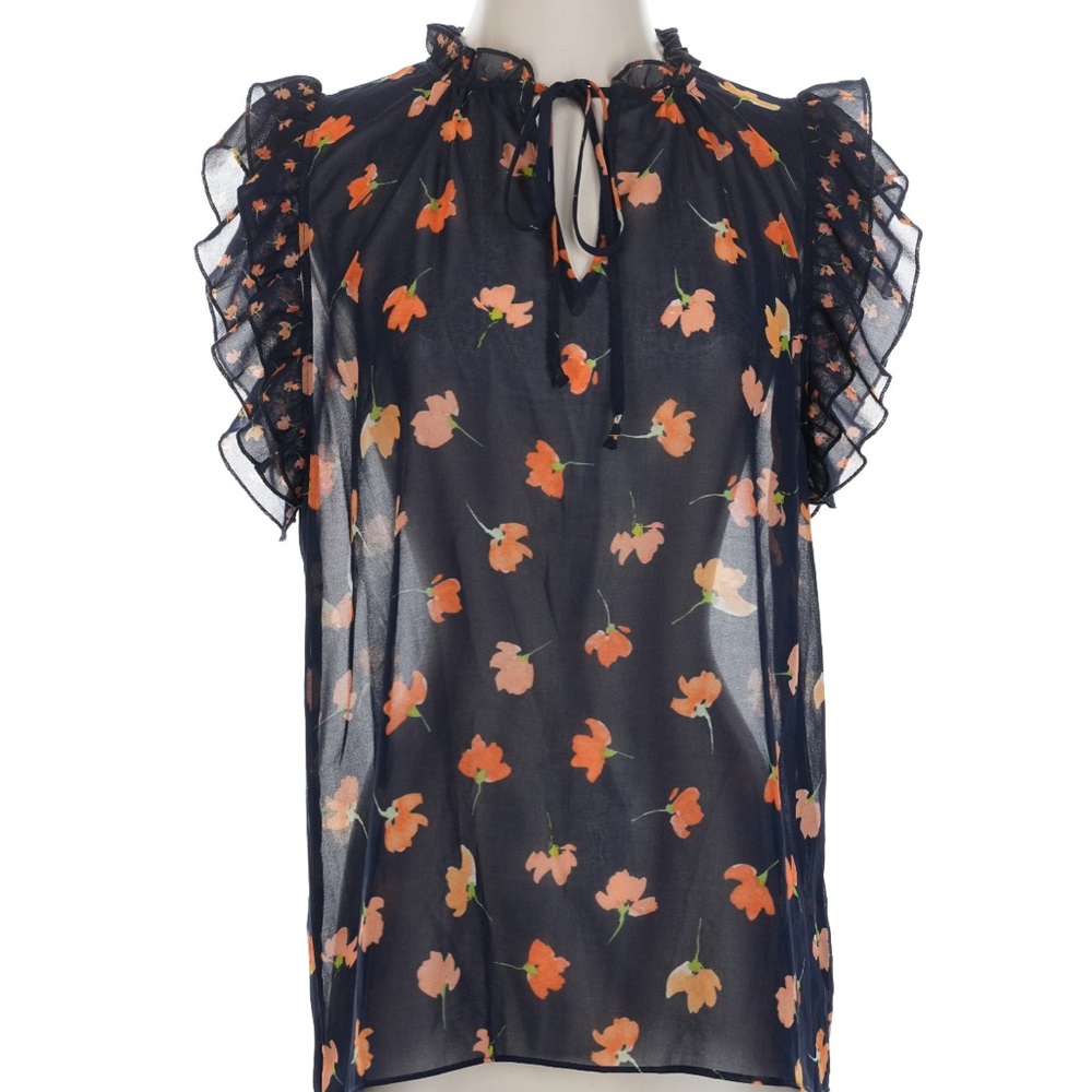 Cabi navy blue orange floral Spring flutter sleeve blouse S - Picture 2 of 6